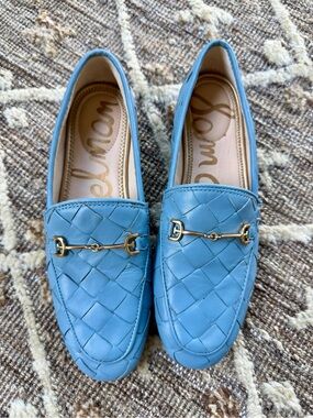 Sam Edelman Light Blue Quilted Leather Loafers with Gold Bit